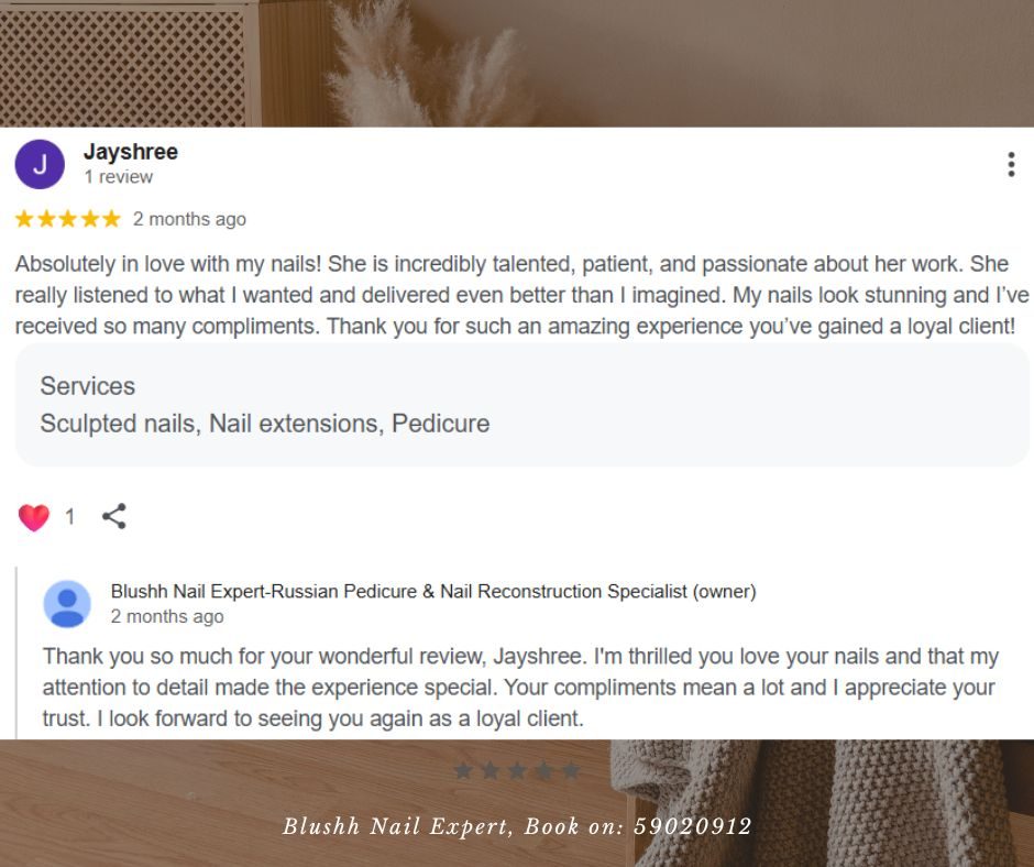 Client WhatsApp review of Blushh Nail Expert