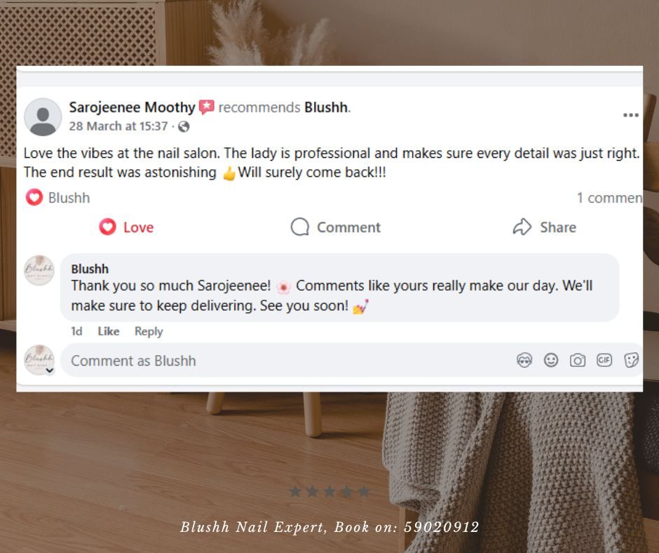 Client WhatsApp review of Blushh Nail Expert
