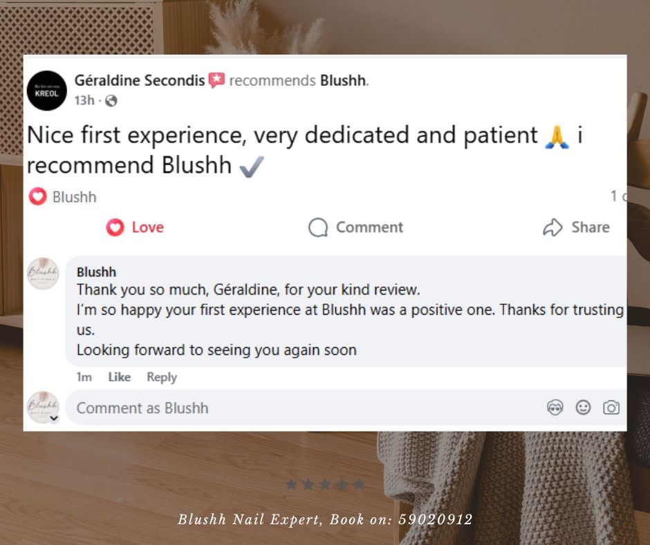 Client WhatsApp review of Blushh Nail Expert