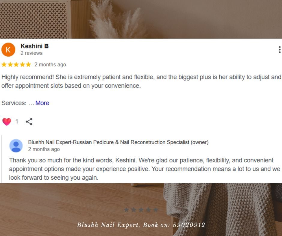Client WhatsApp review of Blushh Nail Expert