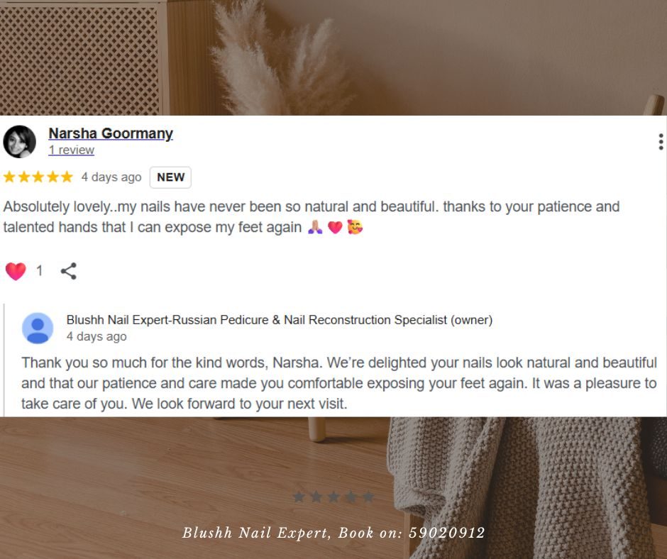 Client WhatsApp review of Blushh Nail Expert