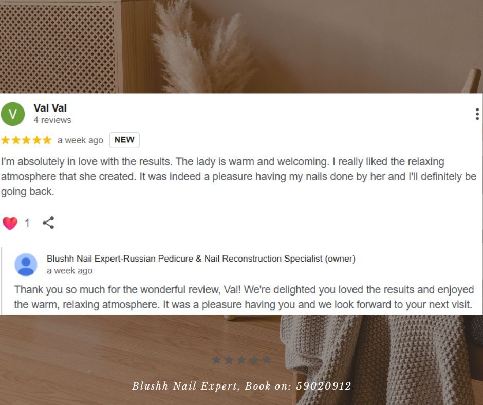 Client WhatsApp review of Blushh Nail Expert