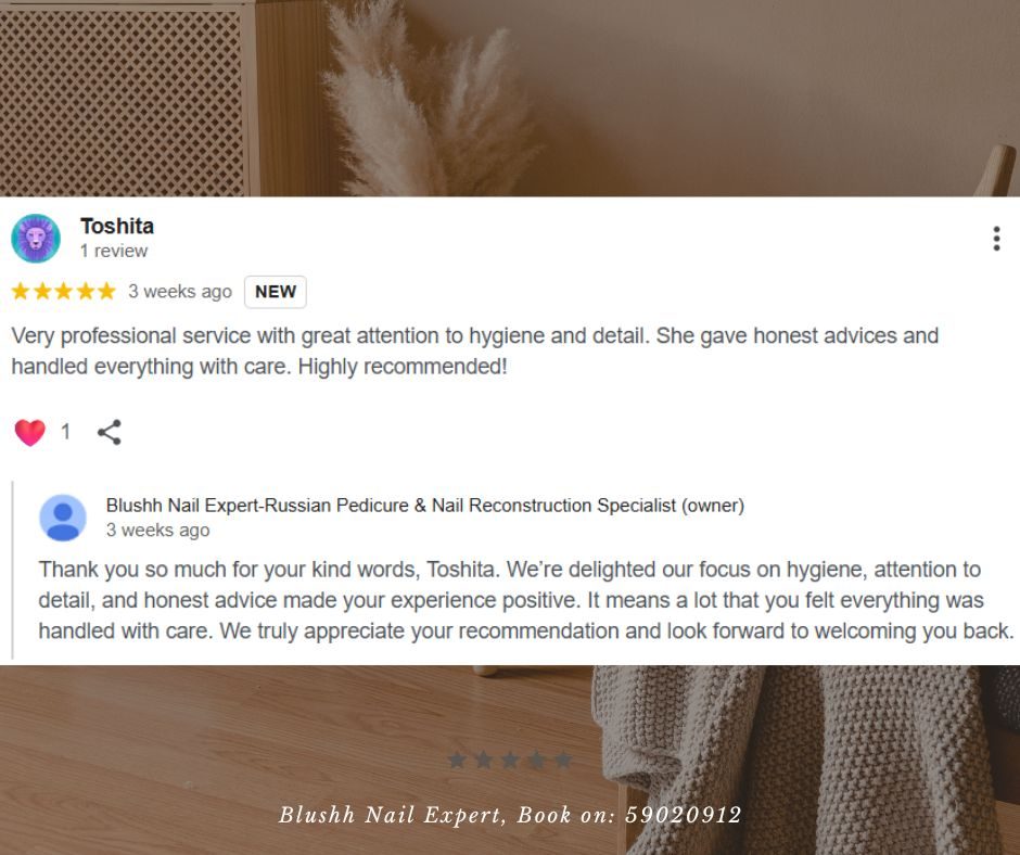 Client WhatsApp review of Blushh Nail Expert