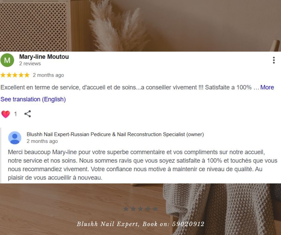 Client WhatsApp review of Blushh Nail Expert